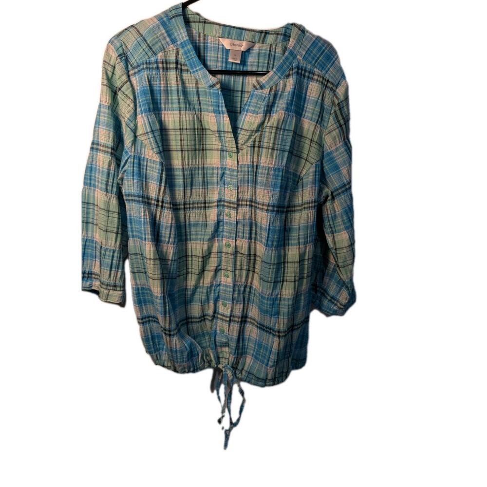 Plaid Shirt Women's CJ Banks Button Tie Blouse Cottagecore Top Plus Size 1X Blue